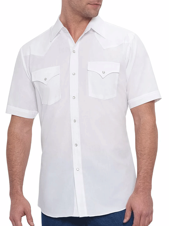 Ely Cattleman 15201605-01 Mens Short Sleeve Solid Western Shirt White front view tucked in. If you need any assistance with this item or the purchase of this item please call us at five six one seven four eight eight eight zero one Monday through Saturday 10:00a.m EST to 8:00 p.m EST