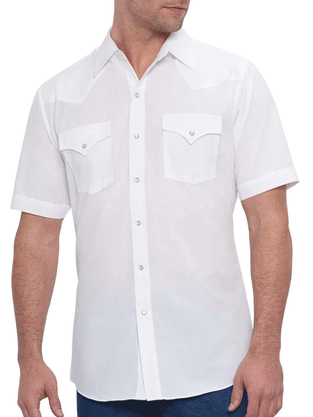 Ely Cattleman 15201605-01 Mens Short Sleeve Solid Western Shirt White front view untucked. If you need any assistance with this item or the purchase of this item please call us at five six one seven four eight eight eight zero one Monday through Saturday 10:00a.m EST to 8:00 p.m EST