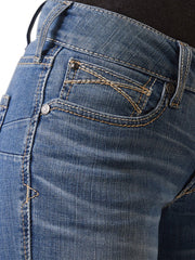 Ariat 10043149 Womens REAL Perfect Rise Jayla Boot Cut Jean Tennessee front pocket close up. If you need any assistance with this item or the purchase of this item please call us at five six one seven four eight eight eight zero one Monday through Saturday 10:00a.m EST to 8:00 p.m EST