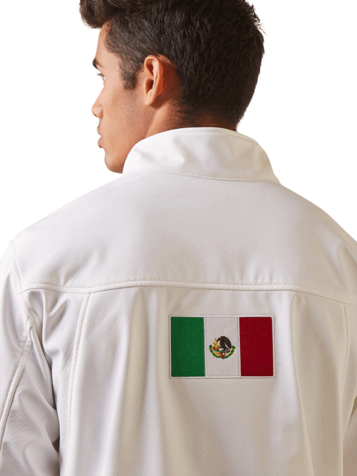 Ariat 10043549 Mens New Team Softshell MEXICO Jacket White front and side view. If you need any assistance with this item or the purchase of this item please call us at five six one seven four eight eight eight zero one Monday through Saturday 10:00a.m EST to 8:00 p.m EST