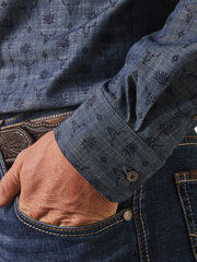 Ariat 10043918 Mens Noah Classic Long Sleeve Shirt Chambray Blue cuff close up. If you need any assistance with this item or the purchase of this item please call us at five six one seven four eight eight eight zero one Monday through Saturday 10:00a.m EST to 8:00 p.m EST