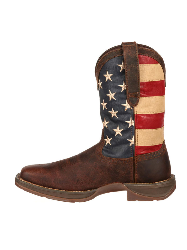 Durango DB5554 Mens Patriotic Pull-On Boot front and side view. If you need any assistance with this item or the purchase of this item please call us at five six one seven four eight eight eight zero one Monday through Saturday 10:00a.m EST to 8:00 p.m EST