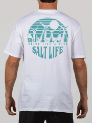 Salt Life SLM10953 Mens Drink Like A Fish Short Sleeve Tee White back view on model. If you need any assistance with this item or the purchase of this item please call us at five six one seven four eight eight eight zero one Monday through Saturday 10:00a.m EST to 8:00 p.m EST