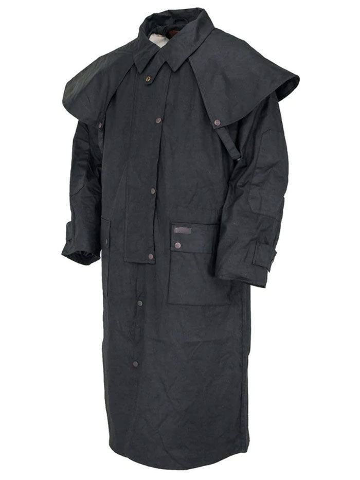Outback Trading Company 2042-BLK Oilskin Low Rider Duster Black front view. If you need any assistance with this item or the purchase of this item please call us at five six one seven four eight eight eight zero one Monday through Saturday 10:00a.m EST to 8:00 p.m EST