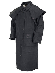 Outback Trading Company 2042-BLK Oilskin Low Rider Duster Black front and side view. If you need any assistance with this item or the purchase of this item please call us at five six one seven four eight eight eight zero one Monday through Saturday 10:00a.m EST to 8:00 p.m EST