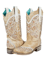 Corral A4165 Ladies Embroidery and Studs Square Toe Western Boot White front-back-side view. If you need any assistance with this item or the purchase of this item please call us at five six one seven four eight eight eight zero one Monday through Saturday 10:00a.m EST to 8:00 p.m EST