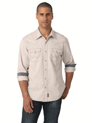 Wrangler 112327789 Mens Retro Premium Long Sleeve Shirt Tan front view. If you need any assistance with this item or the purchase of this item please call us at five six one seven four eight eight eight zero one Monday through Saturday 10:00a.m EST to 8:00 p.m EST