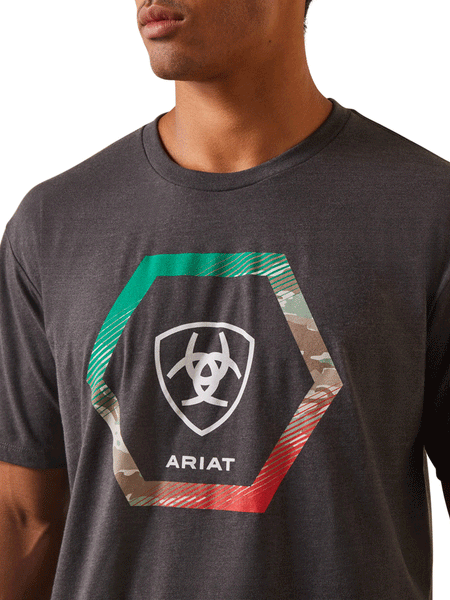 Ariat 10044743 Mens Ariat Recon Trim T-Shirt Charcoal Heather front close up. If you need any assistance with this item or the purchase of this item please call us at five six one seven four eight eight eight zero one Monday through Saturday 10:00a.m EST to 8:00 p.m EST