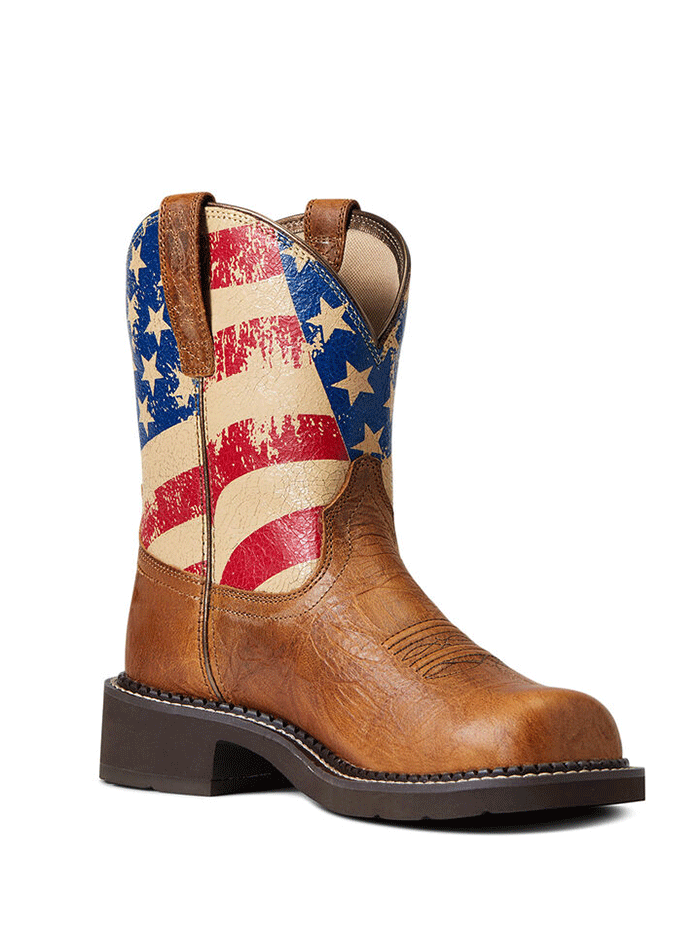 Ariat 10040269 Womens Fatbaby Heritage Patriot Western Boot Crackled Tumeric front and side view. If you need any assistance with this item or the purchase of this item please call us at five six one seven four eight eight eight zero one Monday through Saturday 10:00a.m EST to 8:00 p.m EST