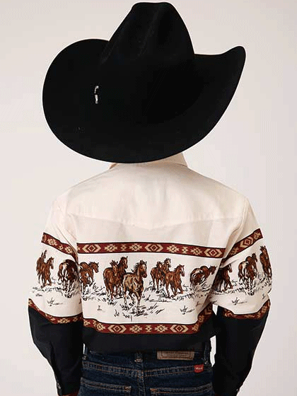 Roper 03-030-0421-1014 Kids Long Sleeve Running Horse Border Print Shirt Brown front view. If you need any assistance with this item or the purchase of this item please call us at five six one seven four eight eight eight zero one Monday through Saturday 10:00a.m EST to 8:00 p.m EST