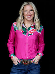 Ranch Dress'n CACTUS BLOOM Womens Performance Rodeo Shirt Fuchsia front view. If you need any assistance with this item or the purchase of this item please call us at five six one seven four eight eight eight zero one Monday through Saturday 10:00a.m EST to 8:00 p.m EST