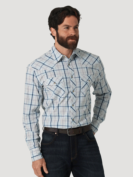 Wrangler 112317142 Mens 20X Competition Advanced Comfort Plaid Shirt Blue front view. If you need any assistance with this item or the purchase of this item please call us at five six one seven four eight eight eight zero one Monday through Saturday 10:00a.m EST to 8:00 p.m EST