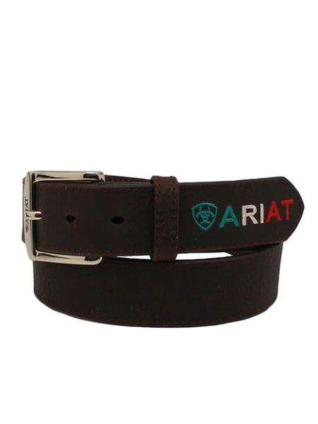 Ariat A10389282 Mens Mexico Flag Logo Leather Belt Rowdy Brown front view. If you need any assistance with this item or the purchase of this item please call us at five six one seven four eight eight eight zero one Monday through Saturday 10:00a.m EST to 8:00 p.m EST