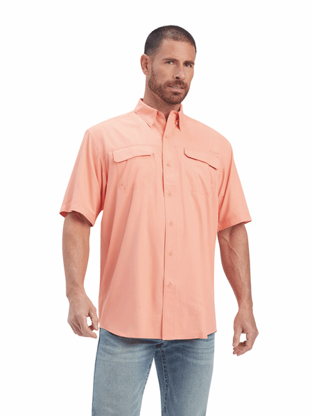 Ariat 10041123 Mens VentTEK Outbound Classic Fit Shirt Peach Pink  front view. If you need any assistance with this item or the purchase of this item please call us at five six one seven four eight eight eight zero one Monday through Saturday 10:00a.m EST to 8:00 p.m EST
