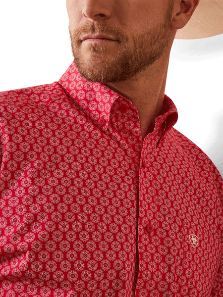 Ariat 10043917 Mens Neiko Classic Fit Shirt Rose Red front close up. If you need any assistance with this item or the purchase of this item please call us at five six one seven four eight eight eight zero one Monday through Saturday 10:00a.m EST to 8:00 p.m EST