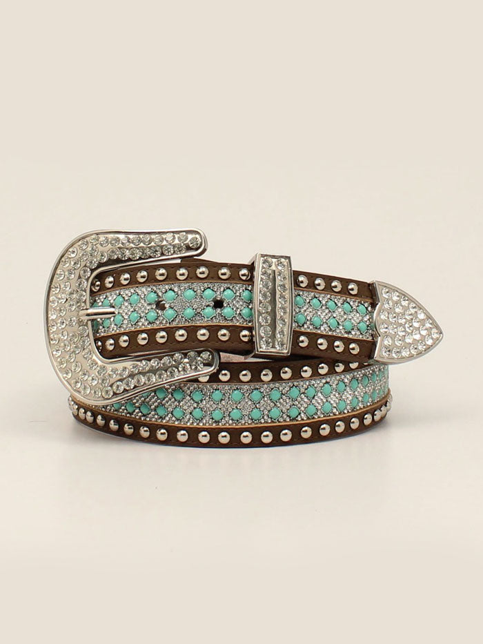 Angel Ranch D140002102 Ladies Turquoise Clear Stones Belt Brown front view. If you need any assistance with this item or the purchase of this item please call us at five six one seven four eight eight eight zero one Monday through Saturday 10:00a.m EST to 8:00 p.m EST