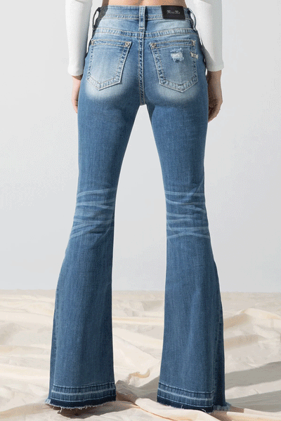 Miss Me H3636F56 Womens Not So Fray High Rise Flare Jeans Light Blue back view. If you need any assistance with this item or the purchase of this item please call us at five six one seven four eight eight eight zero one Monday through Saturday 10:00a.m EST to 8:00 p.m EST