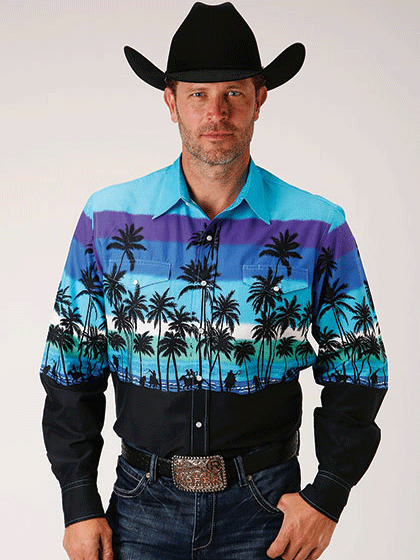 Roper 03-001-0421-0306 Mens Long Sleeve Beach Roundup Border Shirt Blue front view. If you need any assistance with this item or the purchase of this item please call us at five six one seven four eight eight eight zero one Monday through Saturday 10:00a.m EST to 8:00 p.m EST