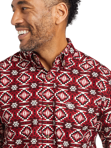 Ariat 10042268 Mens Wylie Classic Fit Shirt Rio Red front close up. If you need any assistance with this item or the purchase of this item please call us at five six one seven four eight eight eight zero one Monday through Saturday 10:00a.m EST to 8:00 p.m EST