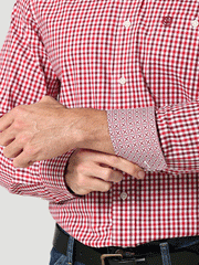 Wrangler 112319001 Mens George Strait Long Sleeve Button Down Stripe Shirt Picnic Red cuff close up. If you need any assistance with this item or the purchase of this item please call us at five six one seven four eight eight eight zero one Monday through Saturday 10:00a.m EST to 8:00 p.m EST