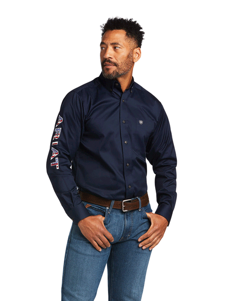 Ariat 10039438 Mens Team Logo Twill Fitted Shirt Navy Star Stripe front view. If you need any assistance with this item or the purchase of this item please call us at five six one seven four eight eight eight zero one Monday through Saturday 10:00a.m EST to 8:00 p.m EST