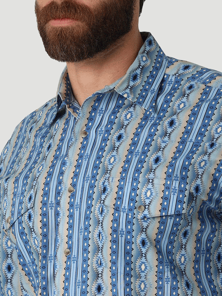 Wrangler 112316687 Mens Checotah Long Sleeve Western Snap Printed Shirt Bay Blue front close up. If you need any assistance with this item or the purchase of this item please call us at five six one seven four eight eight eight zero one Monday through Saturday 10:00a.m EST to 8:00 p.m EST