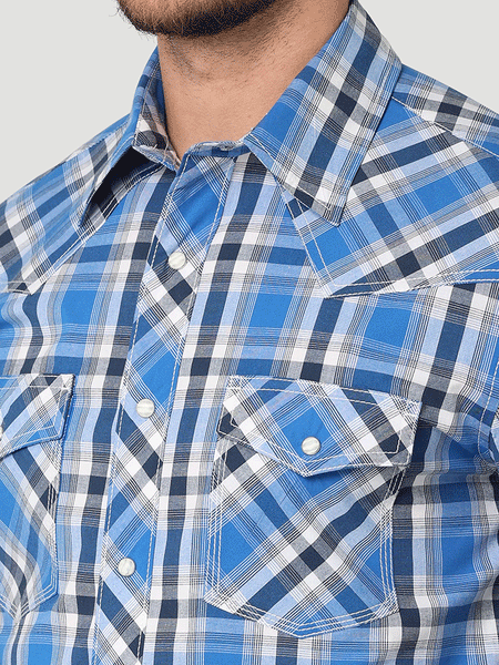 Wrangler 112314977 Mens 20X Competition Short Sleeve Plaid Shirt Blue Cloud Madras collar and pocket detail. If you need any assistance with this item or the purchase of this item please call us at five six one seven four eight eight eight zero one Monday through Saturday 10:00a.m EST to 8:00 p.m EST