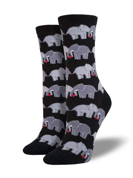 Socksmith SSW1302-BLK Womens Elephant Love Crew Socks Black. front and side view. If you need any assistance with this item or the purchase of this item please call us at five six one seven four eight eight eight zero one Monday through Saturday 10:00a.m EST to 8:00 p.m EST