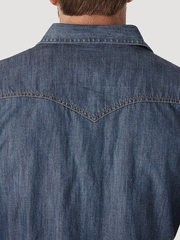 Wrangler MVR458D Mens Retro Long Sleeve Western Shirt Blue Denim back close up. If you need any assistance with this item or the purchase of this item please call us at five six one seven four eight eight eight zero one Monday through Saturday 10:00a.m EST to 8:00 p.m EST