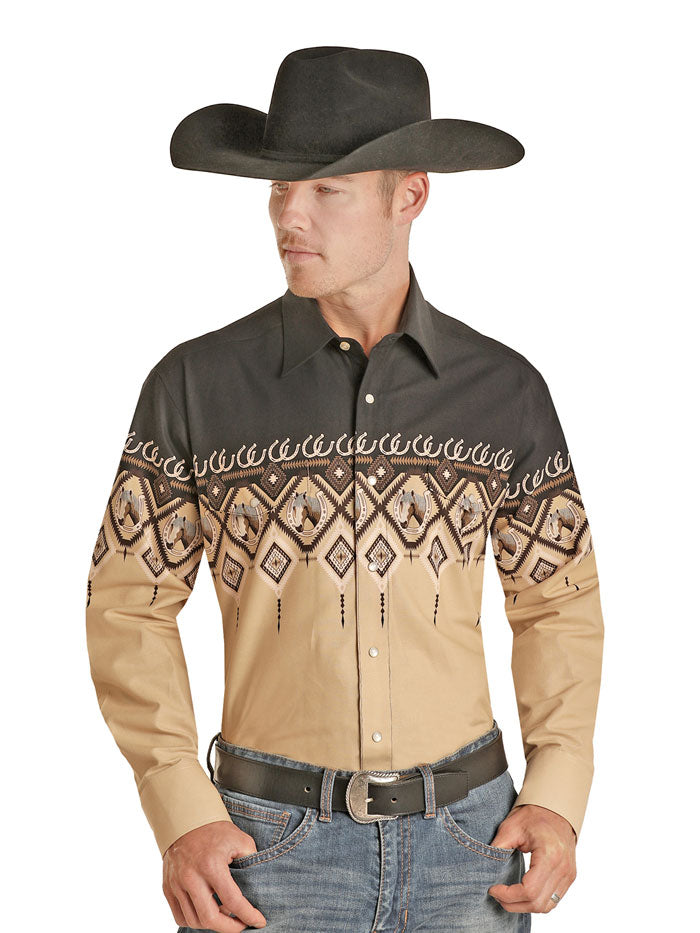 Panhandle PHMSOSROAK Mens Western Snap Shirt Dark Brown front view