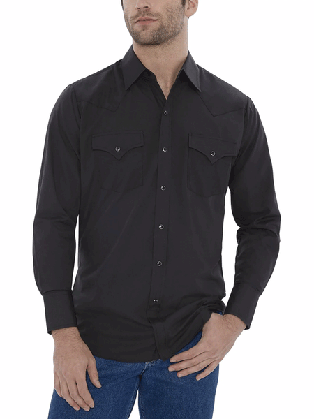 Ely Cattleman 15201905-89 Mens Long Sleeve Solid Western Shirt Black front view untucked.If you need any assistance with this item or the purchase of this item please call us at five six one seven four eight eight eight zero one Monday through Saturday 10:00a.m EST to 8:00 p.m EST
