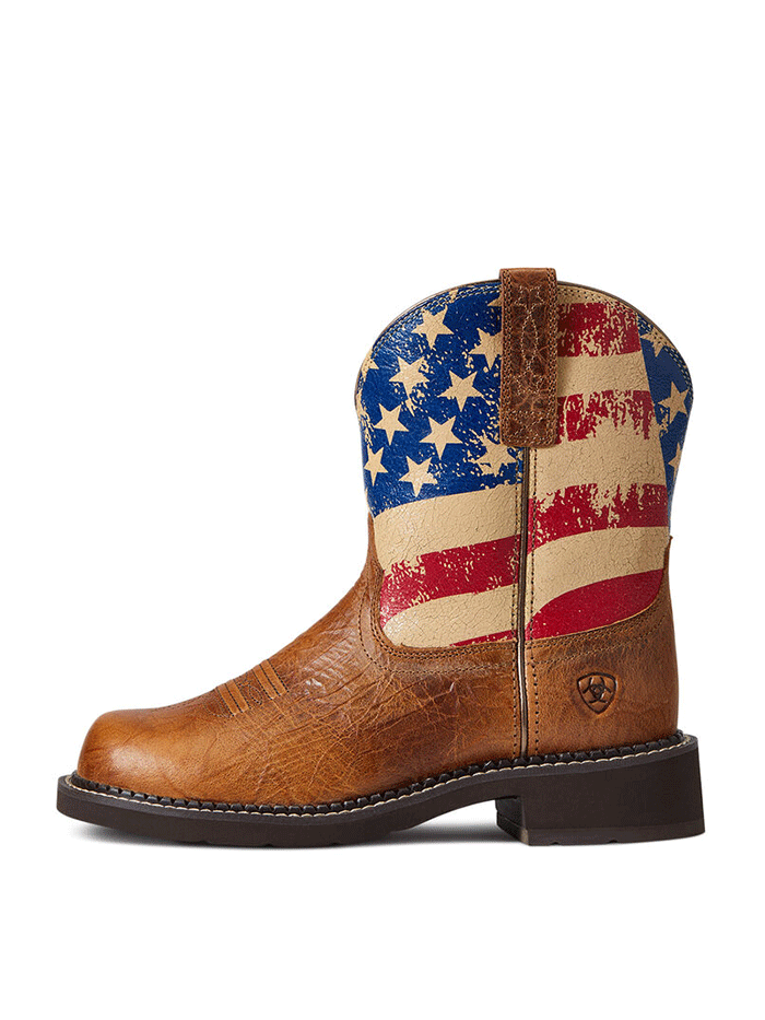 Ariat 10040269 Womens Fatbaby Heritage Patriot Western Boot Crackled Tumeric front and side view. If you need any assistance with this item or the purchase of this item please call us at five six one seven four eight eight eight zero one Monday through Saturday 10:00a.m EST to 8:00 p.m EST