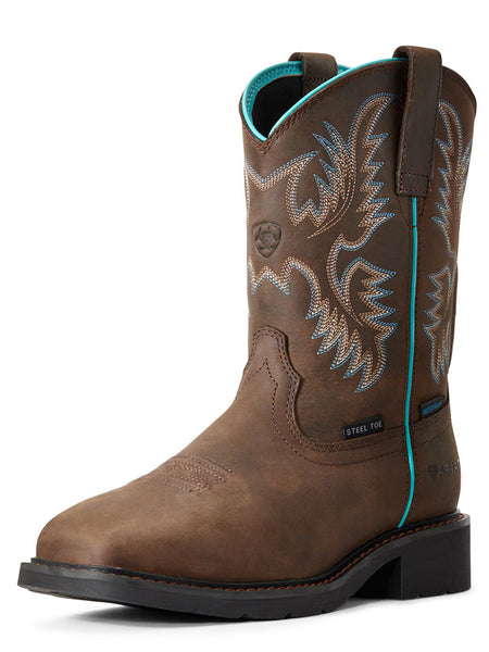 Ariat 10029516 Womens Krista Waterproof Steel Toe Work Boot Dark Brown side / front view. If you need any assistance with this item or the purchase of this item please call us at five six one seven four eight eight eight zero one Monday through Saturday 10:00a.m EST to 8:00 p.m EST