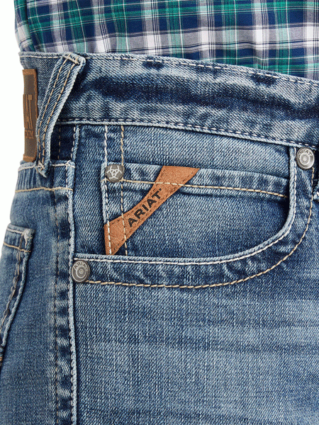 Ariat 10043188 Mens M7 Slim Stowell Straight Jean Poplar front pocket close up. If you need any assistance with this item or the purchase of this item please call us at five six one seven four eight eight eight zero one Monday through Saturday 10:00a.m EST to 8:00 p.m EST