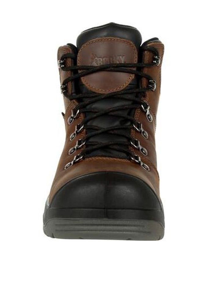 Rocky RKK0245 Mens Worksmart Composite Toe Waterproof Work Boot Brown side and front view. If you need any assistance with this item or the purchase of this item please call us at five six one seven four eight eight eight zero one Monday through Saturday 10:00a.m EST to 8:00 p.m EST
