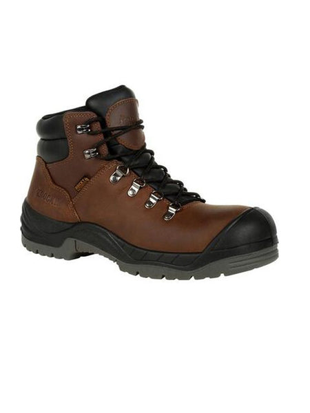 Rocky RKK0245 Mens Worksmart Composite Toe Waterproof Work Boot Brown side and front view. If you need any assistance with this item or the purchase of this item please call us at five six one seven four eight eight eight zero one Monday through Saturday 10:00a.m EST to 8:00 p.m EST