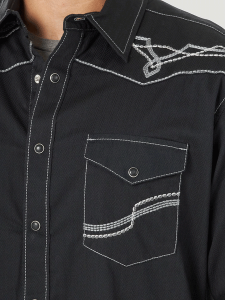 Wrangler 112317112 Mens Rock 47 Long Sleeve Embroidered Yoke Shirt Black Beauty pocket view. If you need any assistance with this item or the purchase of this item please call us at five six one seven four eight eight eight zero one Monday through Saturday 10:00a.m EST to 8:00 p.m EST