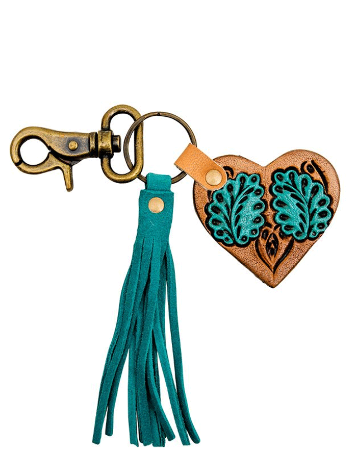 Myra Bag S-6911 Womens Tungsten Hand Tooled Leather Keyfob Turquoise front view. If you need any assistance with this item or the purchase of this item please call us at five six one seven four eight eight eight zero one Monday through Saturday 10:00a.m EST to 8:00 p.m EST