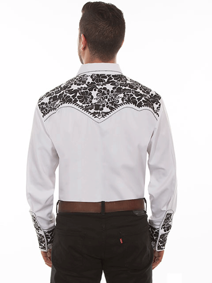 Scully P-634 Mens Floral Tooled Embroidery Western Shirt White front view. If you need any assistance with this item or the purchase of this item please call us at five six one seven four eight eight eight zero one Monday through Saturday 10:00a.m EST to 8:00 p.m EST