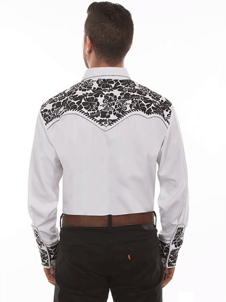 Scully P-634 Mens Floral Tooled Embroidery Western Shirt White back view. If you need any assistance with this item or the purchase of this item please call us at five six one seven four eight eight eight zero one Monday through Saturday 10:00a.m EST to 8:00 p.m EST