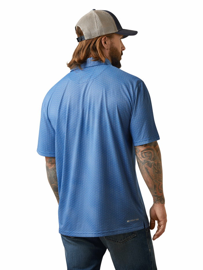 Ariat 10043339 Mens AriatTEK Performance Allover Print Polo Shirt Cobalt front view. If you need any assistance with this item or the purchase of this item please call us at five six one seven four eight eight eight zero one Monday through Saturday 10:00a.m EST to 8:00 p.m EST