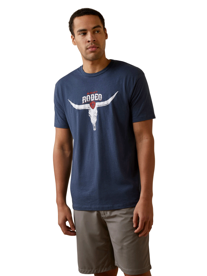 Ariat 10045281 Mens Rodeo Skull T-Shirt Navy Heather front view. If you need any assistance with this item or the purchase of this item please call us at five six one seven four eight eight eight zero one Monday through Saturday 10:00a.m EST to 8:00 p.m EST