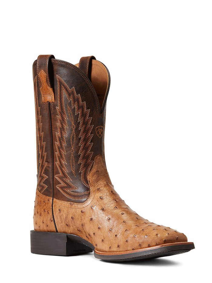 Ariat 10040281 Mens Quantum Primo Full Quill Ostrich Western Boot Beam Brown front and side view. If you need any assistance with this item or the purchase of this item please call us at five six one seven four eight eight eight zero one Monday through Saturday 10:00a.m EST to 8:00 p.m EST