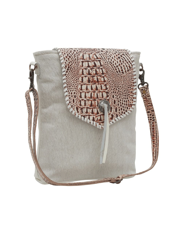 Myra Bag S-6217 Womens Smokey Azteca Leather And Hairon Bag front view standing. If you need any assistance with this item or the purchase of this item please call us at five six one seven four eight eight eight zero one Monday through Saturday 10:00a.m EST to 8:00 p.m EST