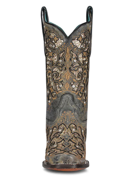 Corral A4244 Ladies Glitter Inlays & Studs & Crystals Boot Black front view. If you need any assistance with this item or the purchase of this item please call us at five six one seven four eight eight eight zero one Monday through Saturday 10:00a.m EST to 8:00 p.m EST