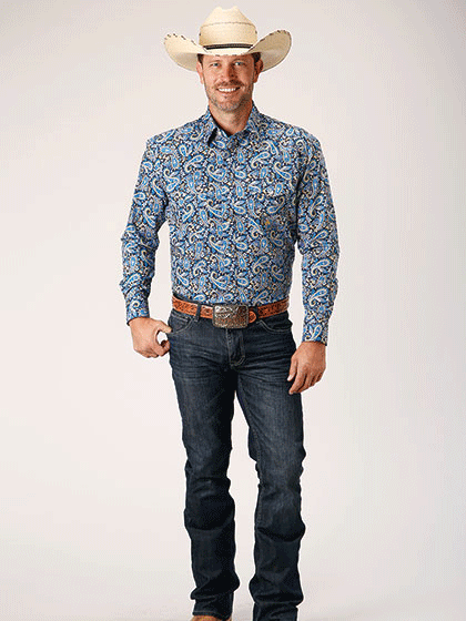 Roper 3-01-225-2015 Mens Long Sleeve Paisley Western Shirt Blue front view. If you need any assistance with this item or the purchase of this item please call us at five six one seven four eight eight eight zero one Monday through Saturday 10:00a.m EST to 8:00 p.m EST