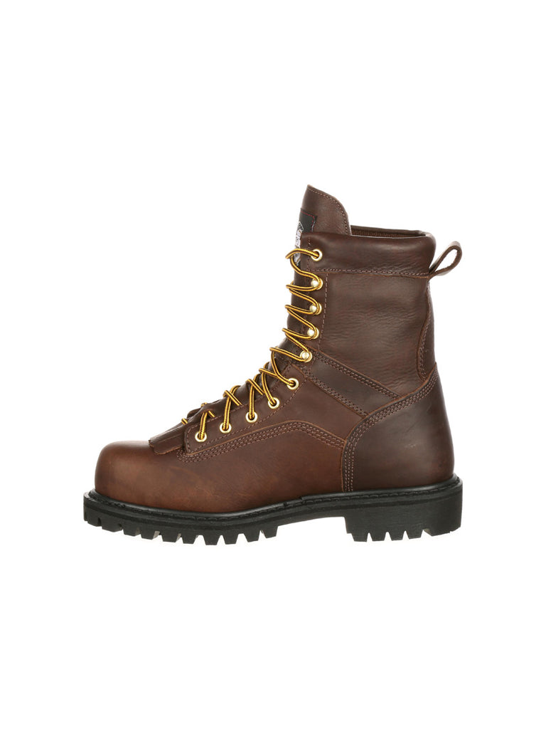 Georgia G8041 Mens Lace Up Soft Toe Waterproof Work Boot Chocolate front and side view.If you need any assistance with this item or the purchase of this item please call us at five six one seven four eight eight eight zero one Monday through Saturday 10:00a.m EST to 8:00 p.m EST