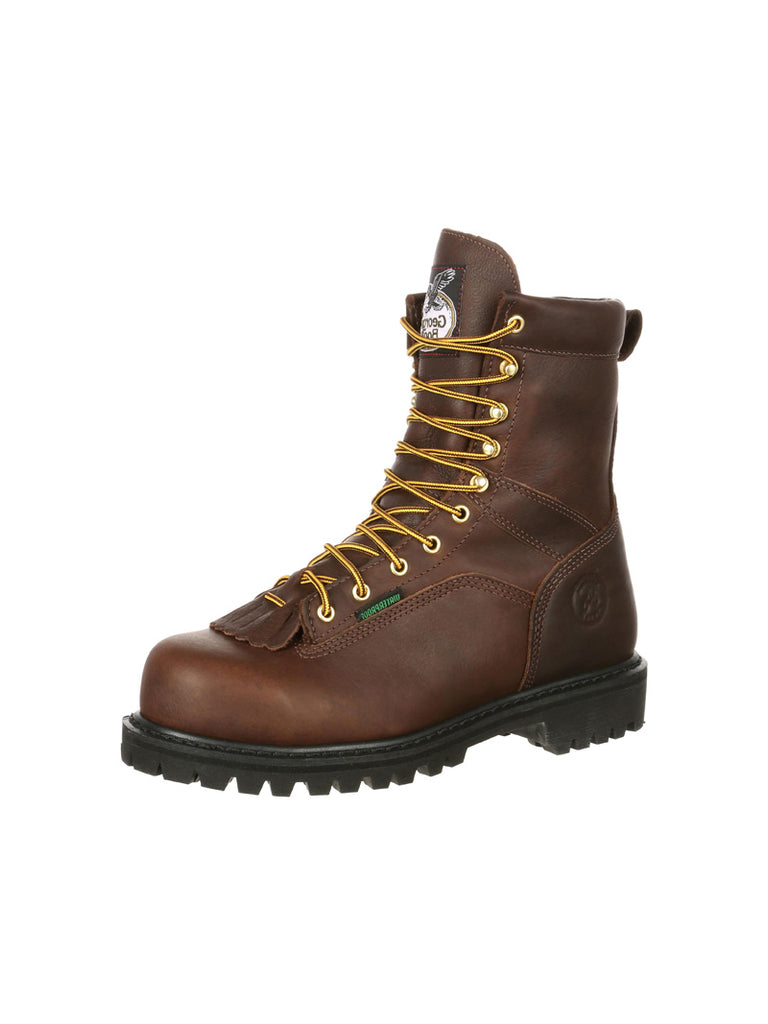 Georgia G8341 Mens Lace Up Steel Toe Waterproof Work Boot Chocolate front and side view. If you need any assistance with this item or the purchase of this item please call us at five six one seven four eight eight eight zero one Monday through Saturday 10:00a.m EST to 8:00 p.m EST