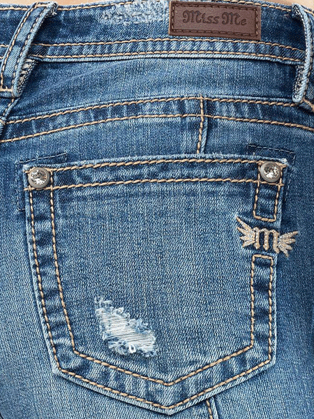 Miss Me H3636F57 Womens High Rise Flare Jeans Medium Blue back pocket close up. If you need any assistance with this item or the purchase of this item please call us at five six one seven four eight eight eight zero one Monday through Saturday 10:00a.m EST to 8:00 p.m EST