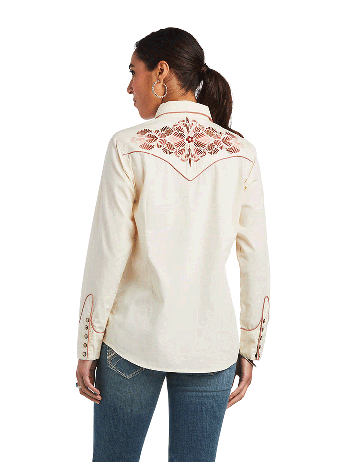 Ariat 10040708 Womens REAL Georgia Shirt White Swan front view. If you need any assistance with this item or the purchase of this item please call us at five six one seven four eight eight eight zero one Monday through Saturday 10:00a.m EST to 8:00 p.m EST